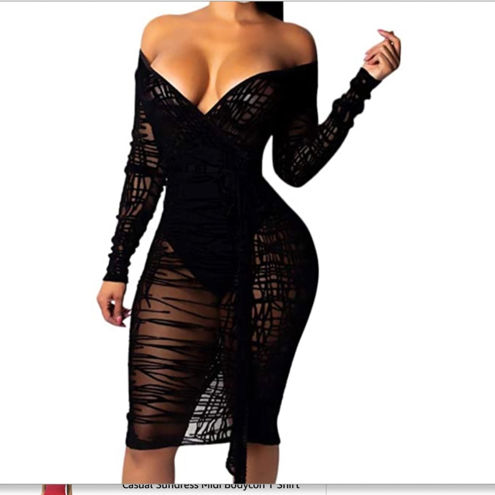 Women's Sexy Off Shoulder Mesh Long Sleeve Sheer Overlay dress